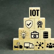 Internet of things or IoT concept letters with icons of end devices, objects, networks, standards